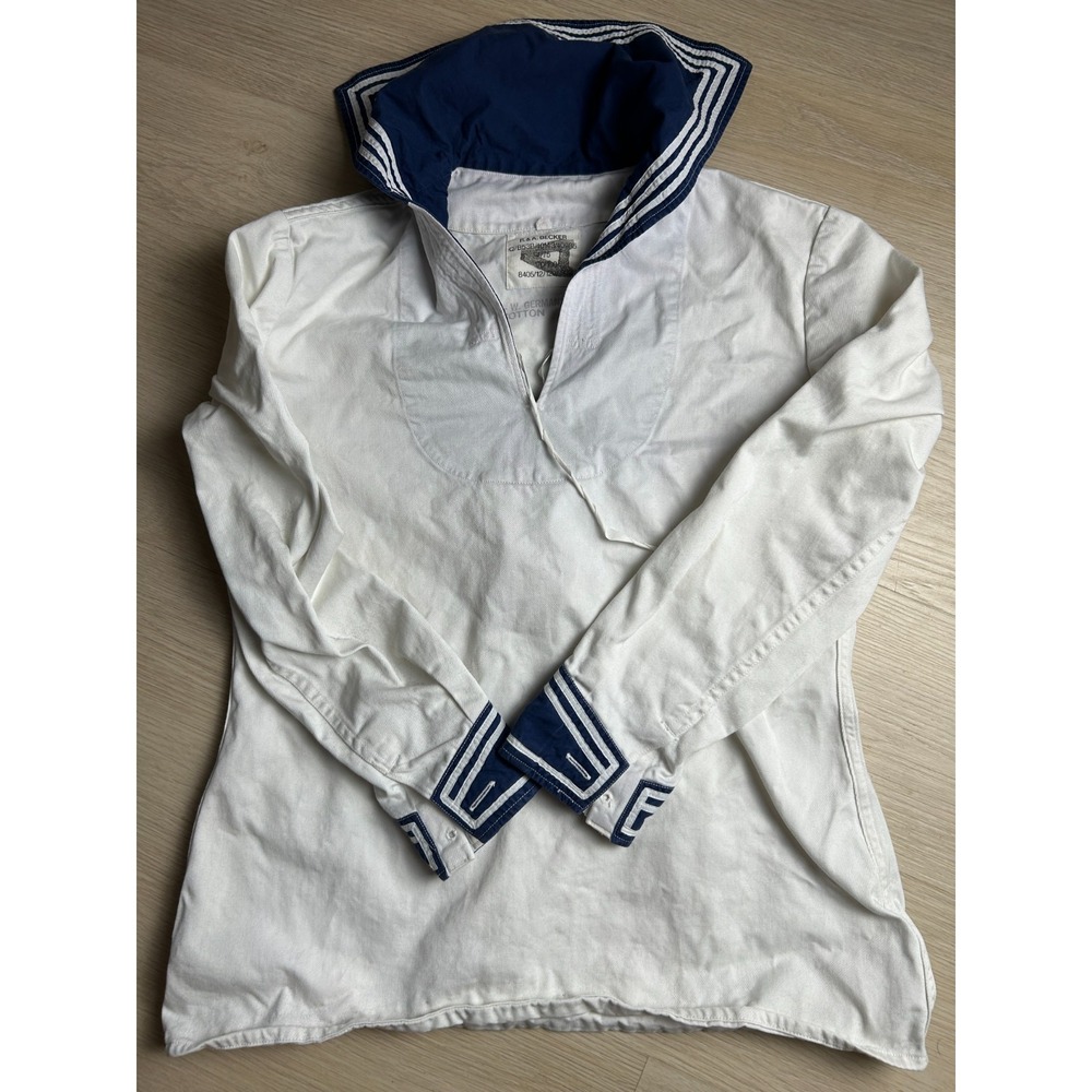 Vintage 1970s West German Military Naval Sailor Jumper Shirt White Blue Flap
